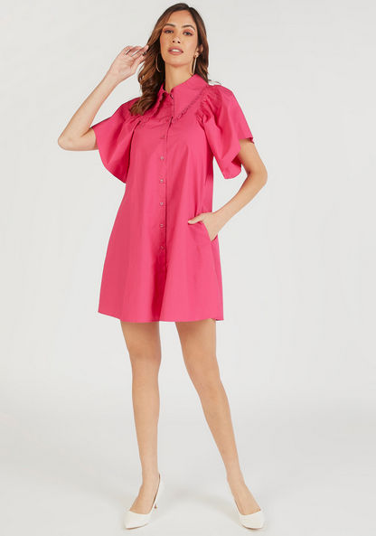 Iconic Solid Mini Shirt Dress with Flared Sleeves and Pockets-Dresses-image-1