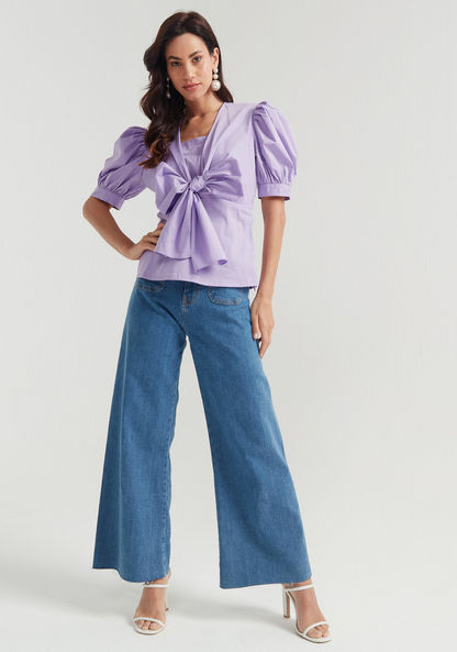 Iconic Solid Top with Short Puff Sleeves and Knotted Front-Shirts & Blouses-image-1