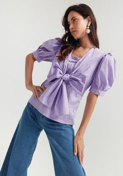 Iconic Solid Top with Short Puff Sleeves and Knotted Front-Shirts & Blouses-image-2