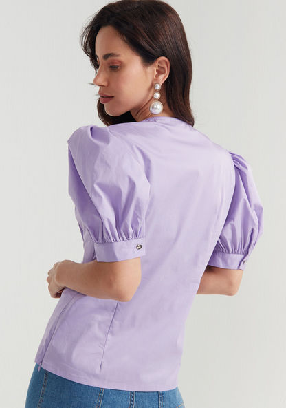 Iconic Solid Top with Short Puff Sleeves and Knotted Front-Shirts & Blouses-image-3