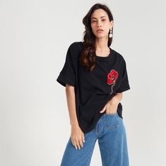 Iconic Embellished T-shirt with Round Neck and Short Sleeves