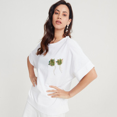 Iconic Embellished T-shirt with Round Neck and Short Sleeves