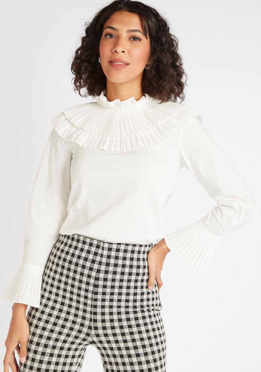 Iconic Solid High Neck Top with Ruffle Detail and Long Sleeves-Shirts and Blouses-image-0