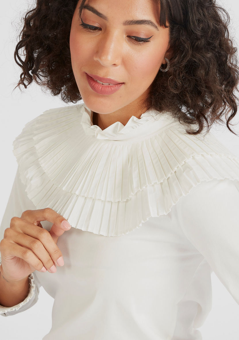 Iconic Solid High Neck Top with Ruffle Detail and Long Sleeves-Shirts and Blouses-image-2