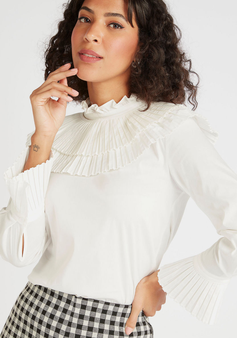 Iconic Solid High Neck Top with Ruffle Detail and Long Sleeves-Shirts and Blouses-image-4