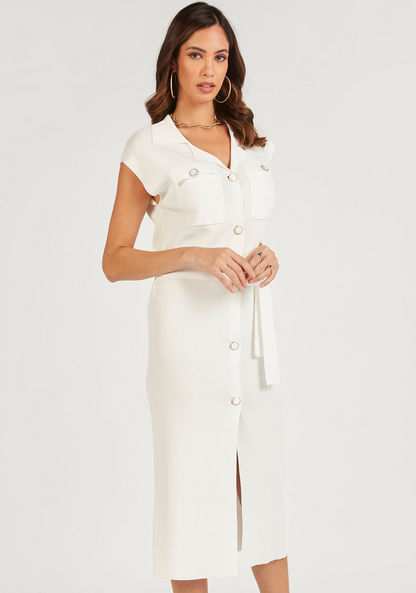 Iconic Solid Midi Shirt Dress with Cap Sleeves and Waist Tie-Ups-Dresses-image-0