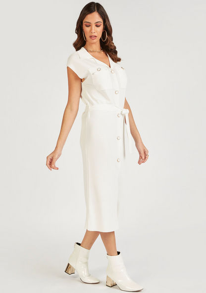 Iconic Solid Midi Shirt Dress with Cap Sleeves and Waist Tie-Ups-Dresses-image-1