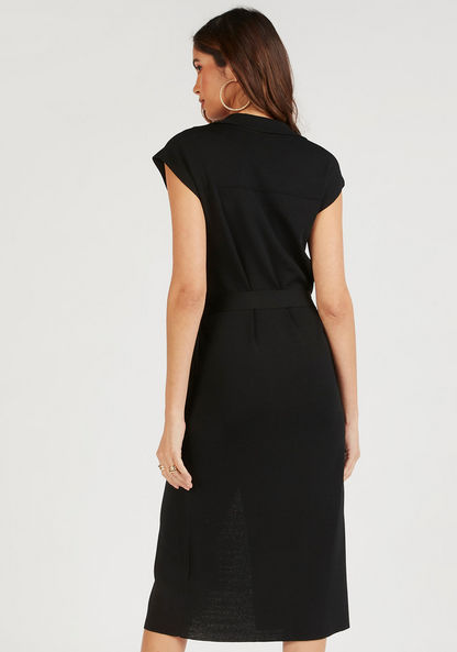 Iconic Solid Midi Shirt Dress with Cap Sleeves and Waist Tie-Ups-Dresses-image-3