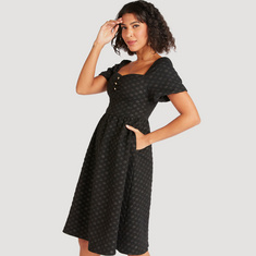 Iconic Printed Midi A-line Dress with Pockets and Short Sleeves