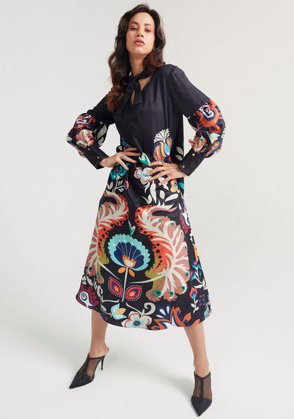 Iconic Floral Print A-line Midi Dress with Long Sleeves and Tie-Up Detail-Dresses-image-0