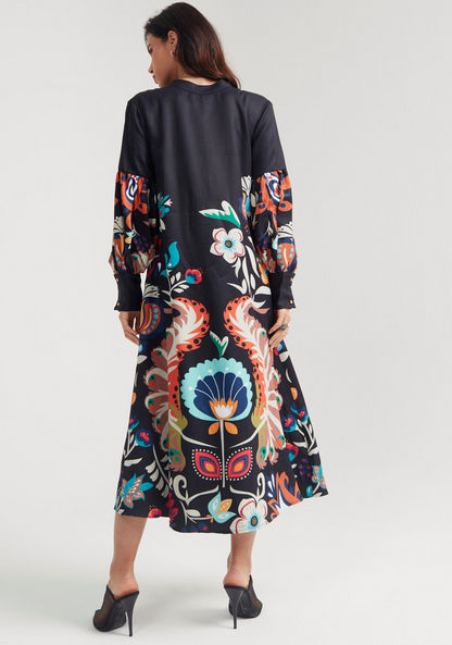 Iconic Floral Print A-line Midi Dress with Long Sleeves and Tie-Up Detail-Dresses-image-3