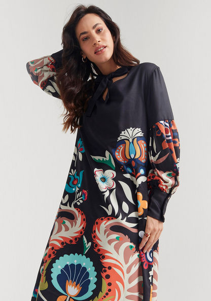 Iconic Floral Print A-line Midi Dress with Long Sleeves and Tie-Up Detail-Dresses-image-4