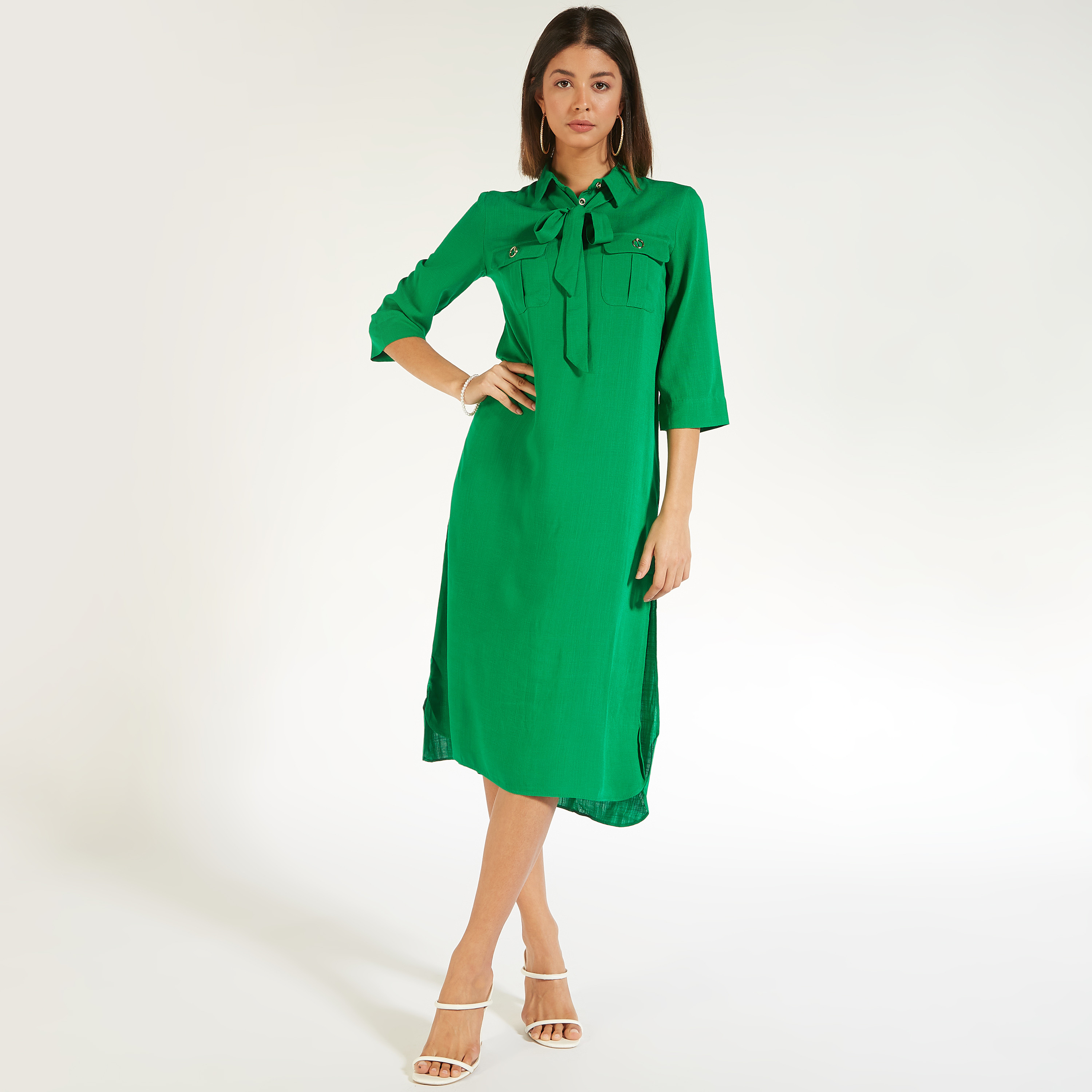 تونيك سادة بياقة بأربطة وأكمام قصيرة من آيكونيك-women-clothing-shirtsandblouses-blouses-image-2