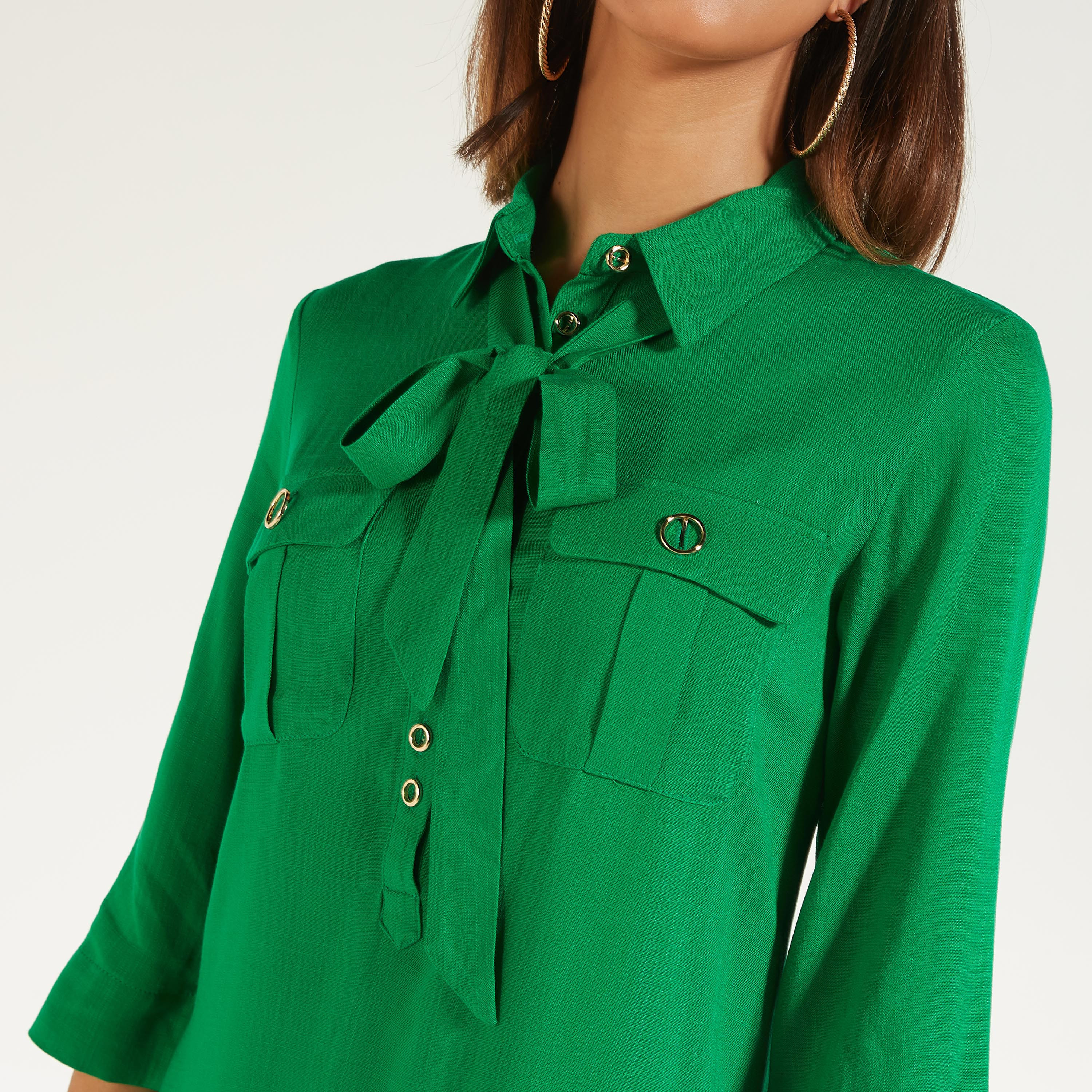 تونيك سادة بياقة بأربطة وأكمام قصيرة من آيكونيك-women-clothing-shirtsandblouses-blouses-image-3