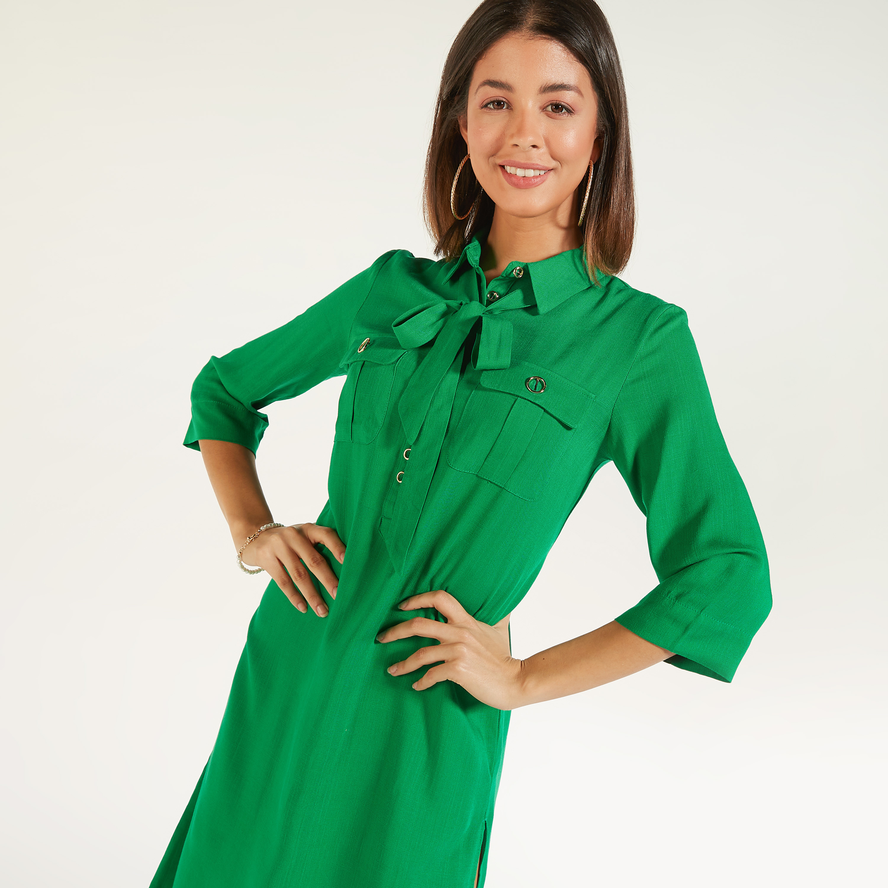 تونيك سادة بياقة بأربطة وأكمام قصيرة من آيكونيك-women-clothing-shirtsandblouses-blouses-image-5