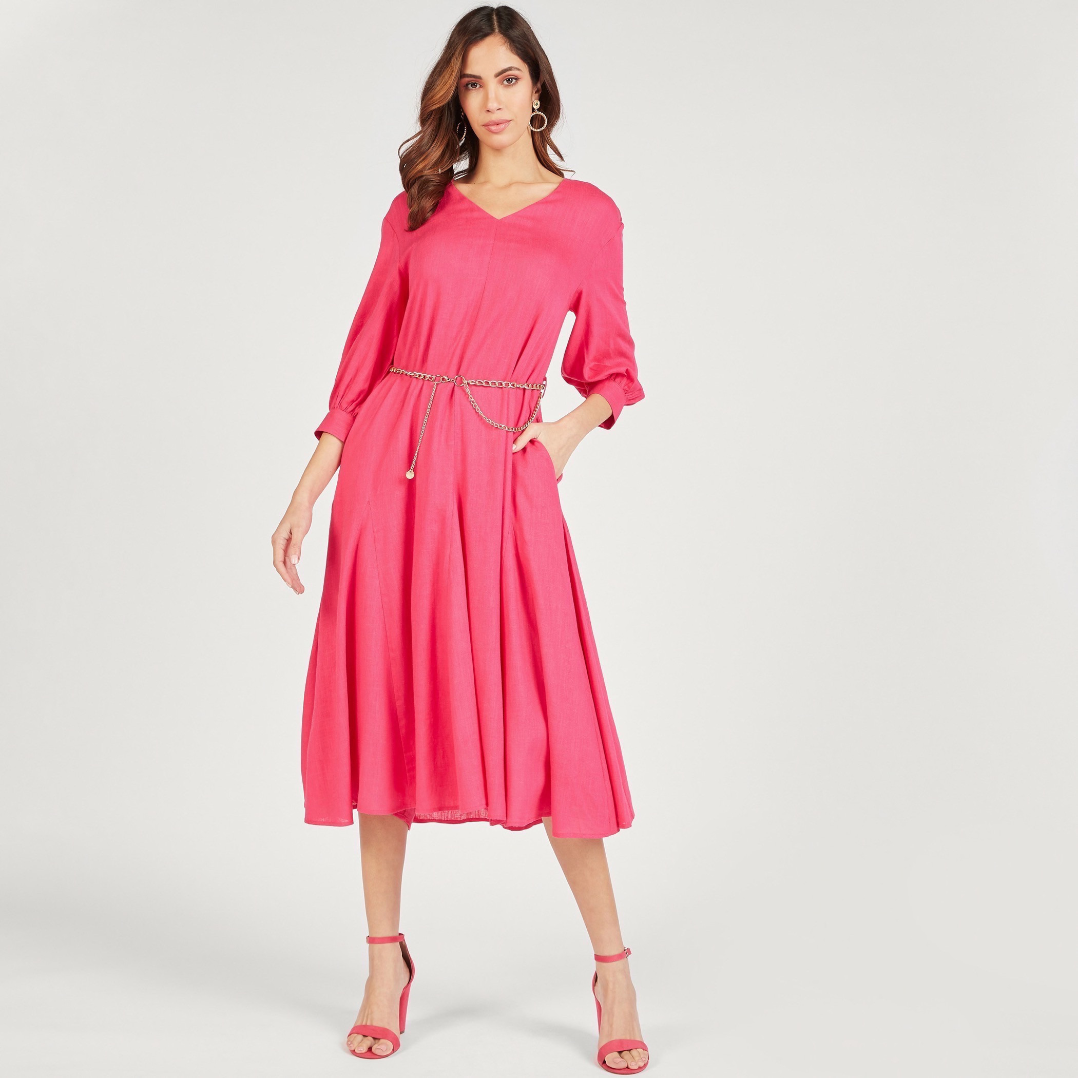 فستان سادة بياقة V وأكمام 3/4 وظهر برباط من آيكونك-women-clothing-dresses-image-3