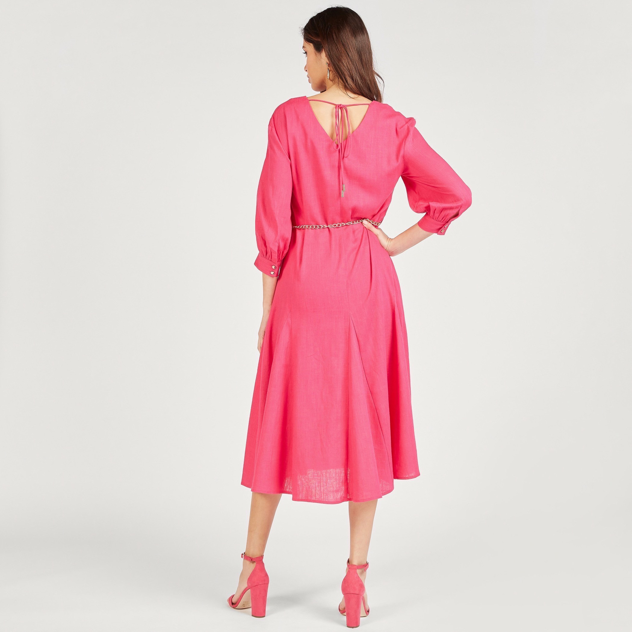 فستان سادة بياقة V وأكمام 3/4 وظهر برباط من آيكونك-women-clothing-dresses-image-5