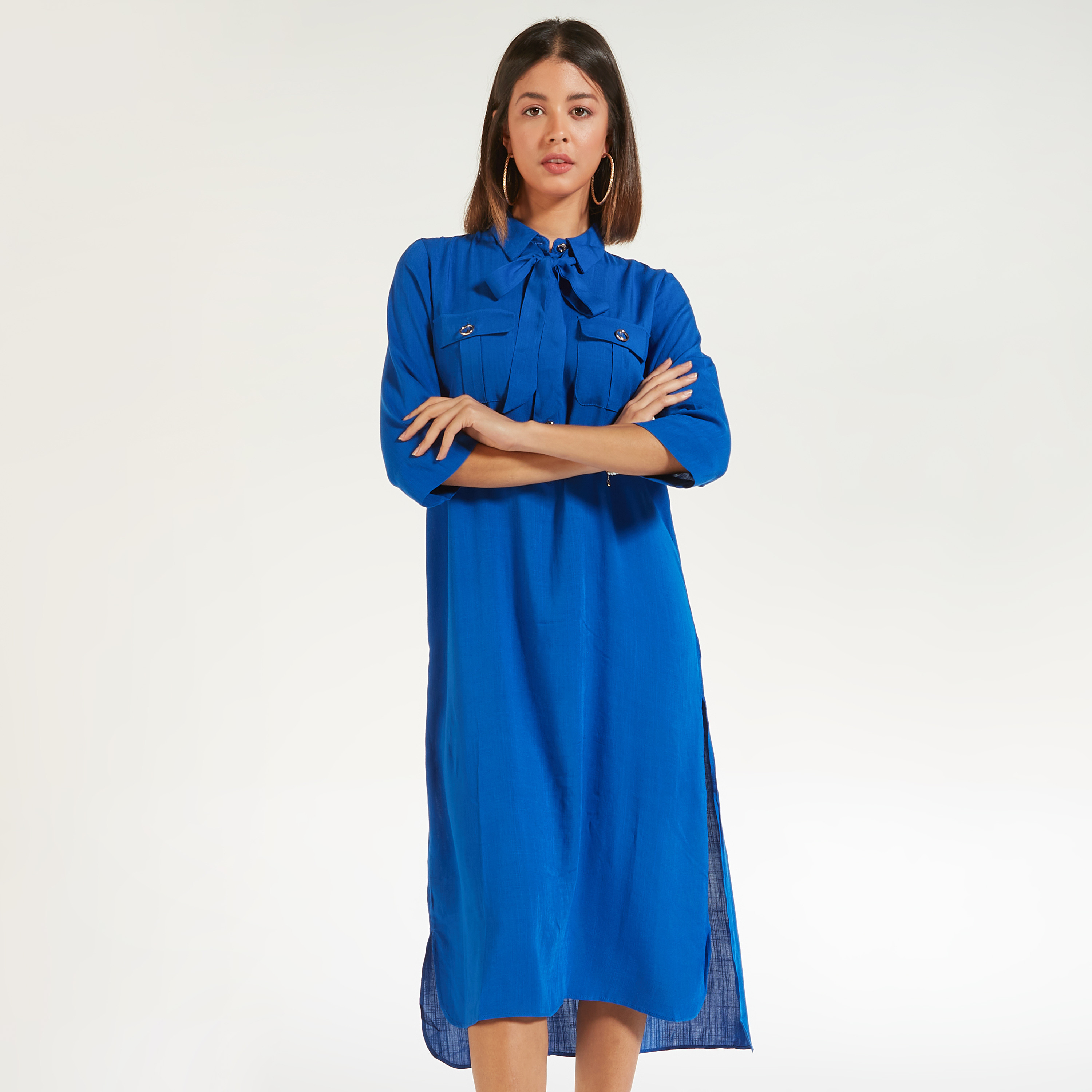 تونيك سادة بياقة بأربطة وأكمام قصيرة من آيكونيك-women-clothing-shirtsandblouses-blouses-image-6