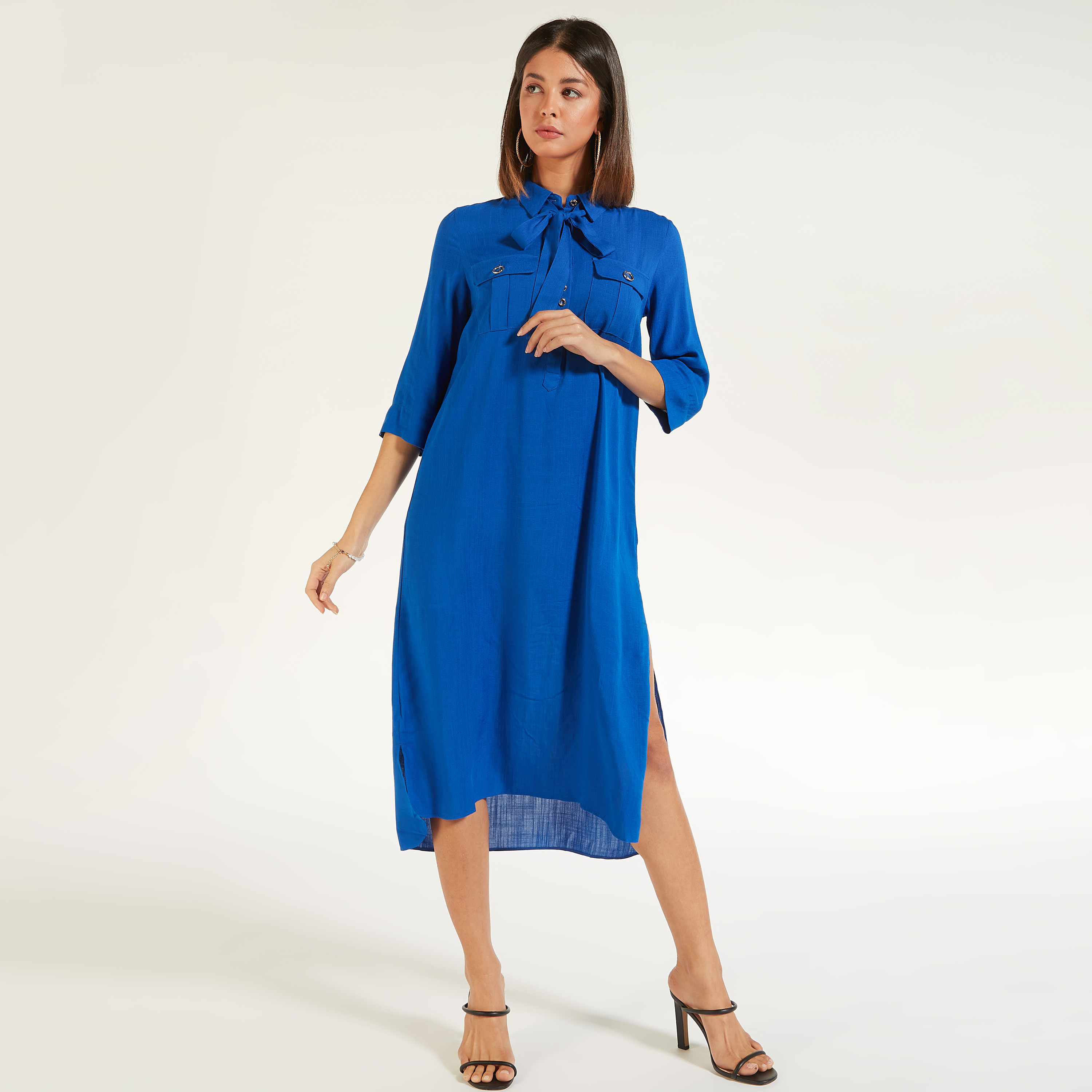 تونيك سادة بياقة بأربطة وأكمام قصيرة من آيكونيك-women-clothing-shirtsandblouses-blouses-image-7