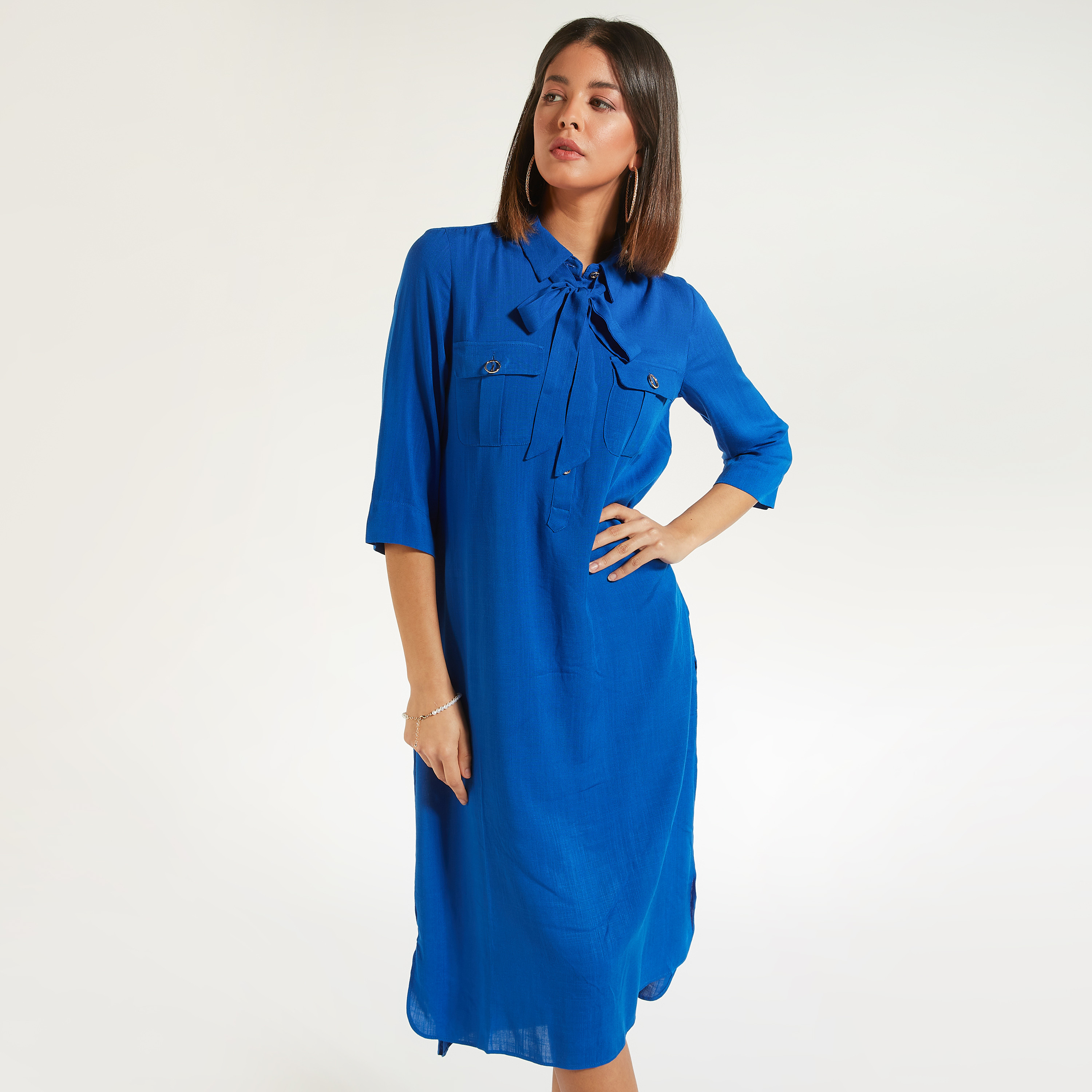 تونيك سادة بياقة بأربطة وأكمام قصيرة من آيكونيك-women-clothing-shirtsandblouses-blouses-image-10