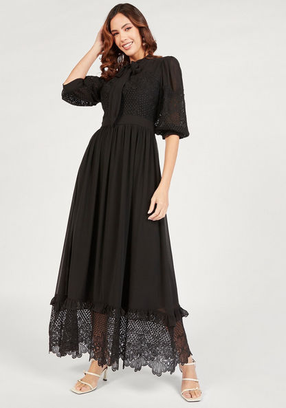 Iconic Lace Detail Maxi A-line Dress with Neck Tie-Up and Zip Closure-Dresses-image-0