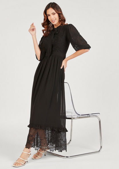 Iconic Lace Detail Maxi A-line Dress with Neck Tie-Up and Zip Closure-Dresses-image-3
