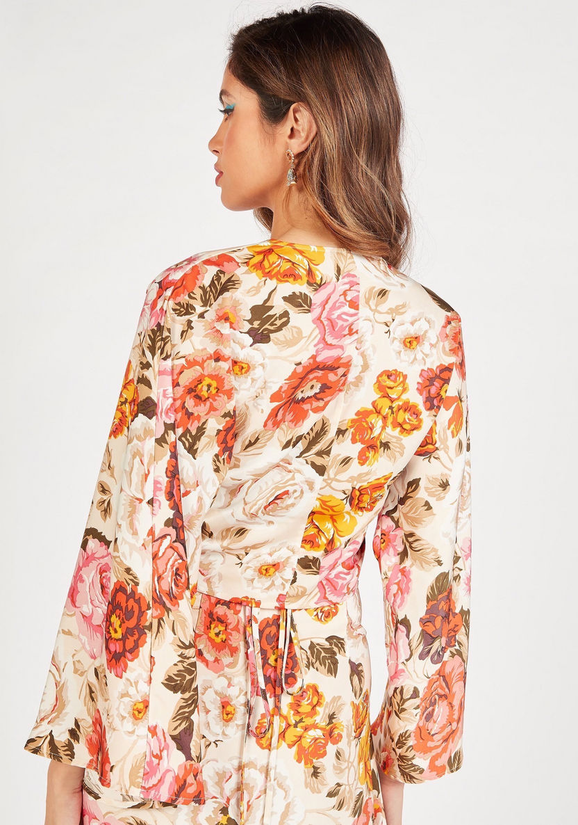 Iconic Floral Print V-neck Crop Top with Long Sleeves and Knot Detail-Tops-image-3