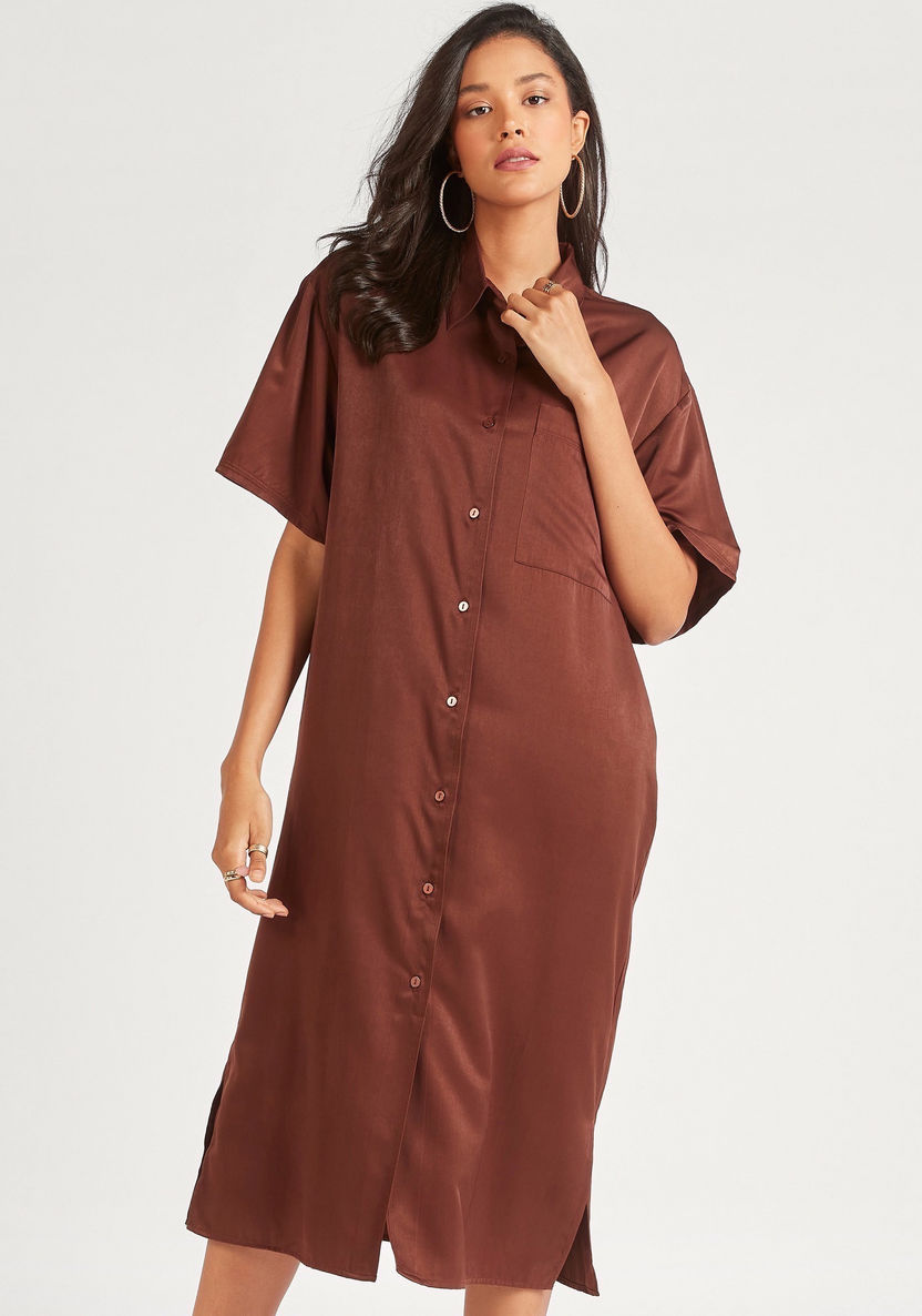 Iconic Solid Shirt Dress with Short Sleeves and Button Closure-Dresses-image-0