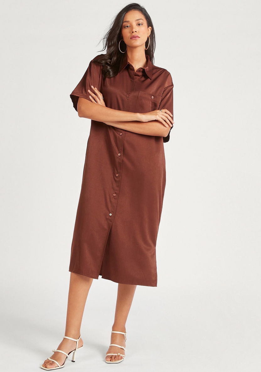 Iconic Solid Shirt Dress with Short Sleeves and Button Closure-Dresses-image-1