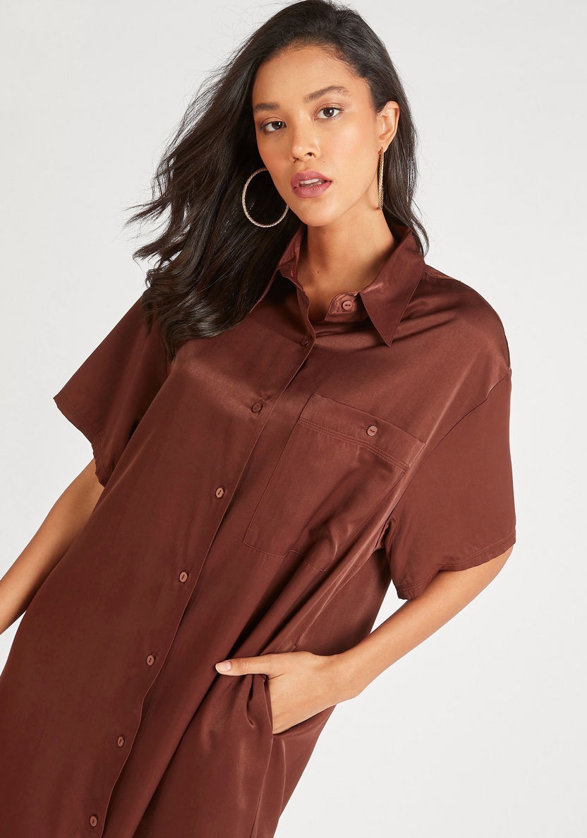 Iconic Solid Shirt Dress with Short Sleeves and Button Closure-Dresses-image-2