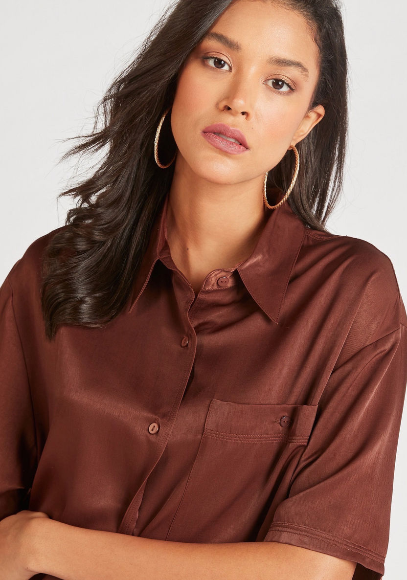Iconic Solid Shirt Dress with Short Sleeves and Button Closure-Dresses-image-4