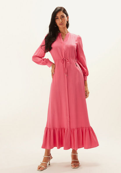 Iconic Solid Maxi A-line Dress with Long Sleeves and Waist Tie-Ups-Dresses-image-0
