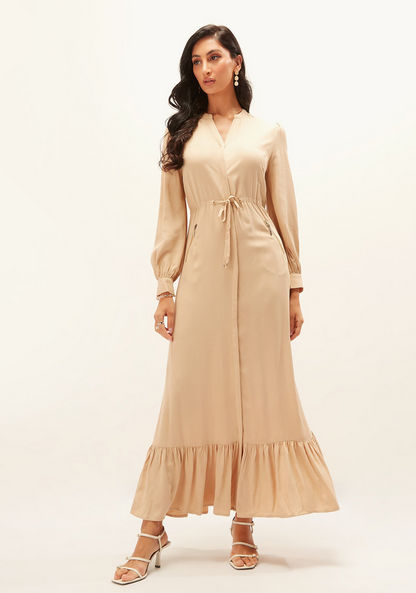 Iconic Solid Maxi A-line Dress with Long Sleeves and Waist Tie-Ups-Dresses-image-0