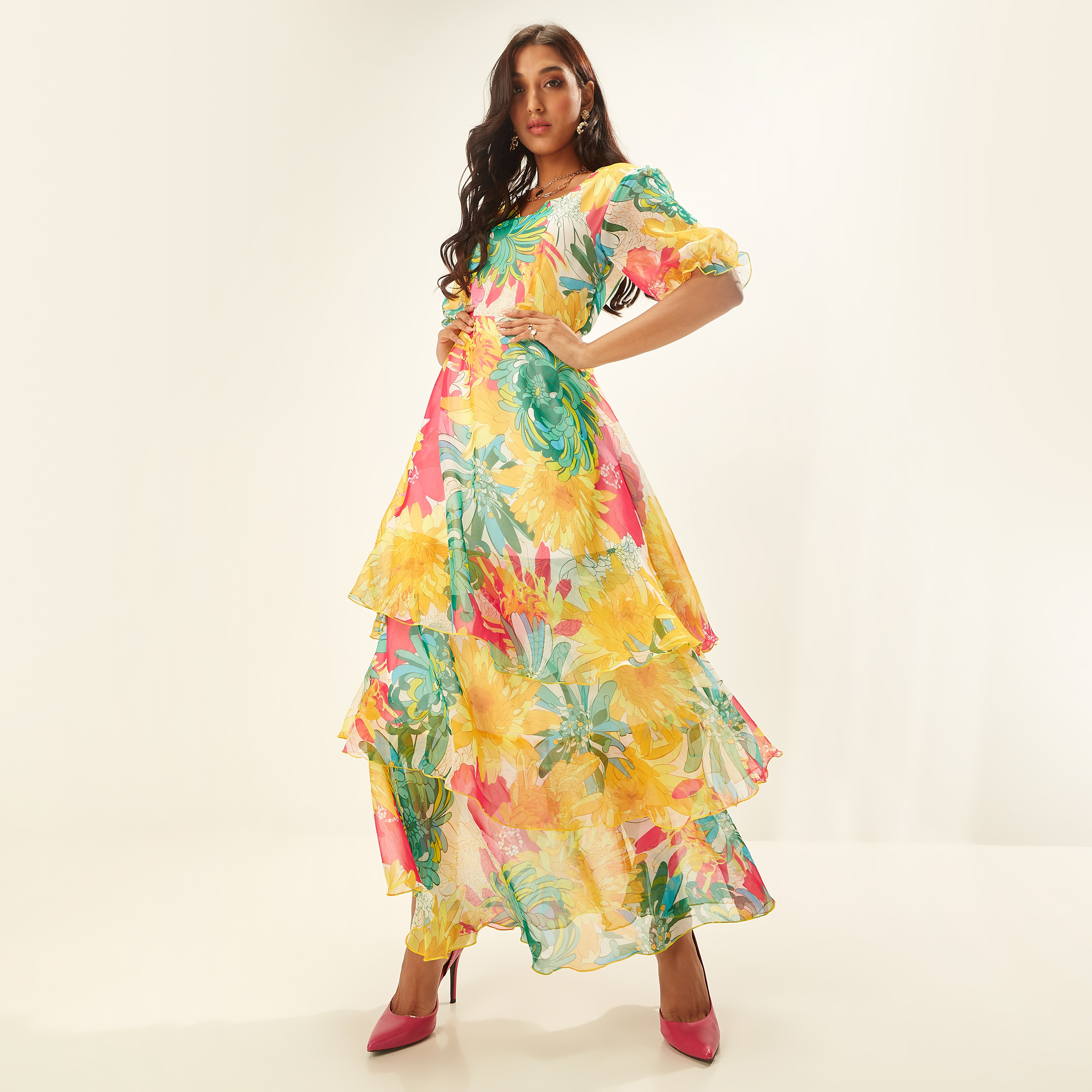 Iconic Floral Print Rara Maxi Dress with Laced V-neck and Puff Sleeves-women-clothing-dresses-image-1