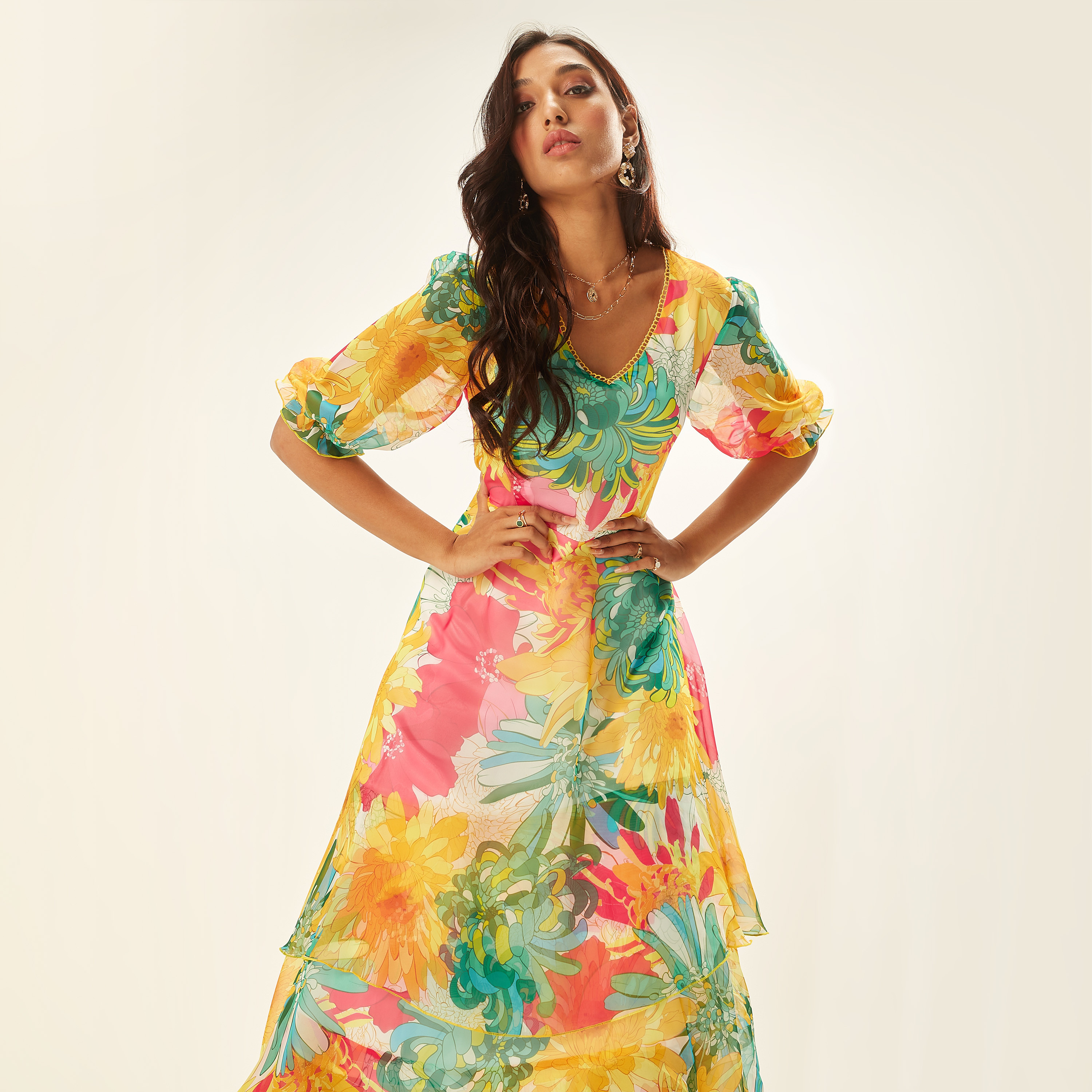 Iconic Floral Print Rara Maxi Dress with Laced V-neck and Puff Sleeves-women-clothing-dresses-image-2