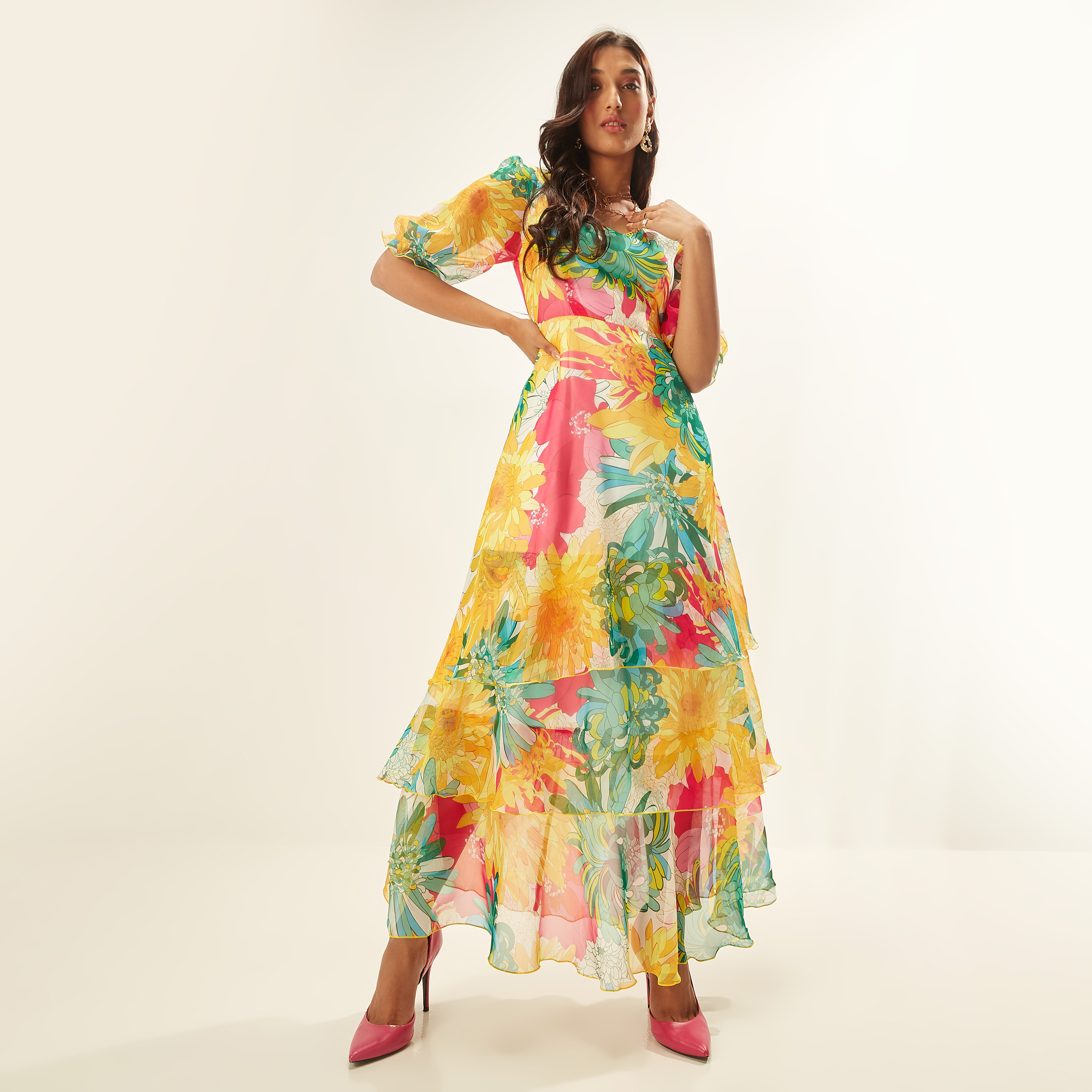 Iconic Floral Print Rara Maxi Dress with Laced V-neck and Puff Sleeves-women-clothing-dresses-image-5