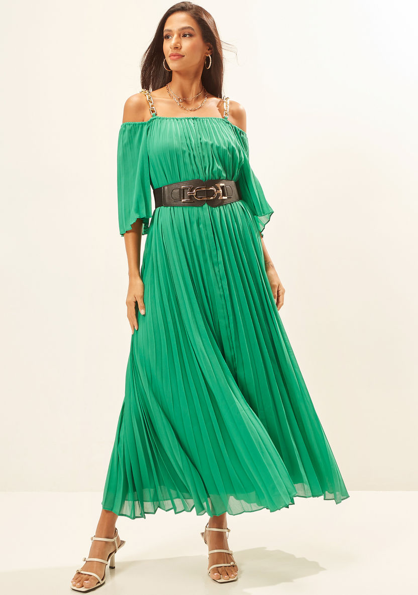 Buy Iconic Solid Pleated Maxi Dress with Short Sleeves and Chain Strap ...