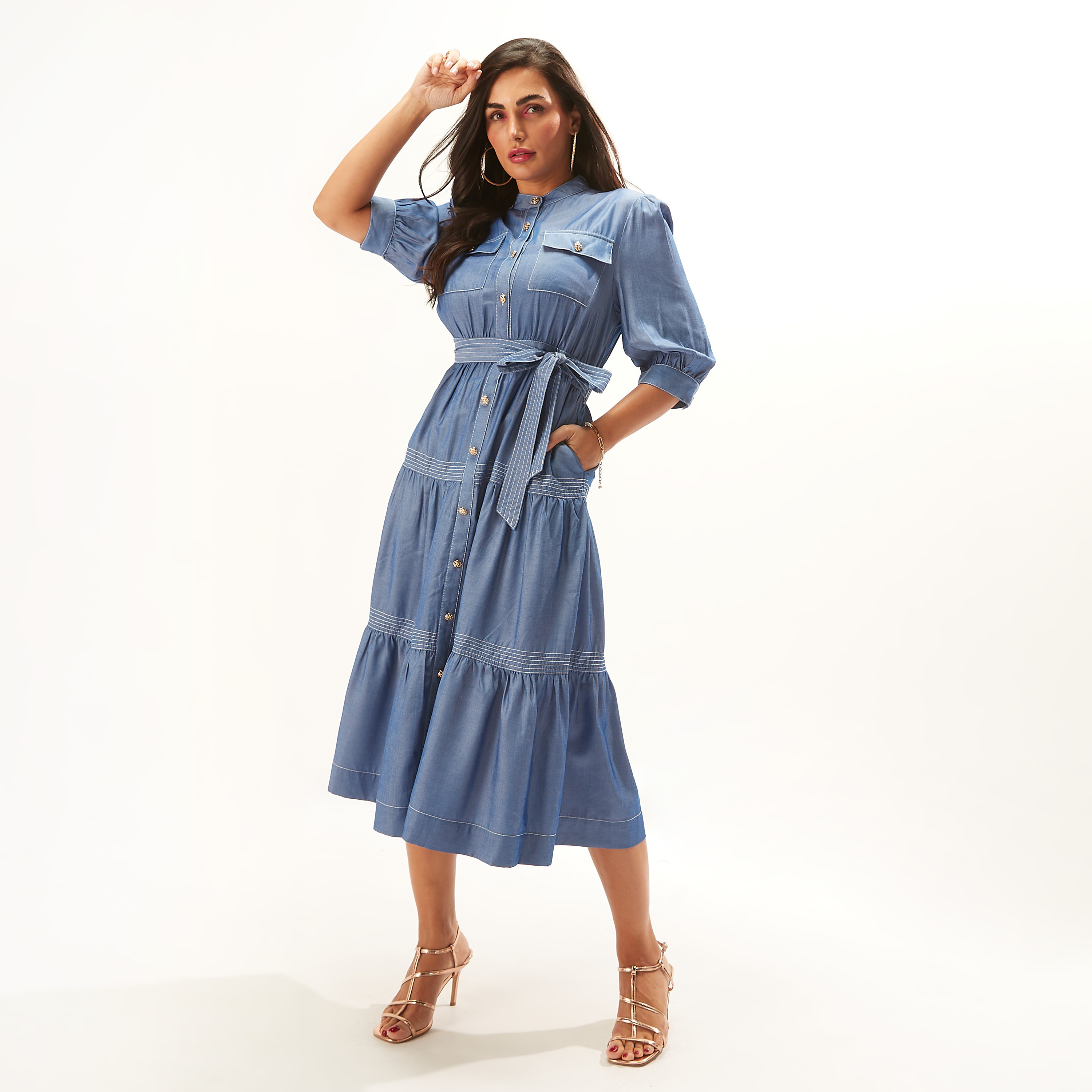 فستان ميدي سادة متعدد الطبقات بحزام وجيوب من آيكونيك-women-clothing-dresses-image-1