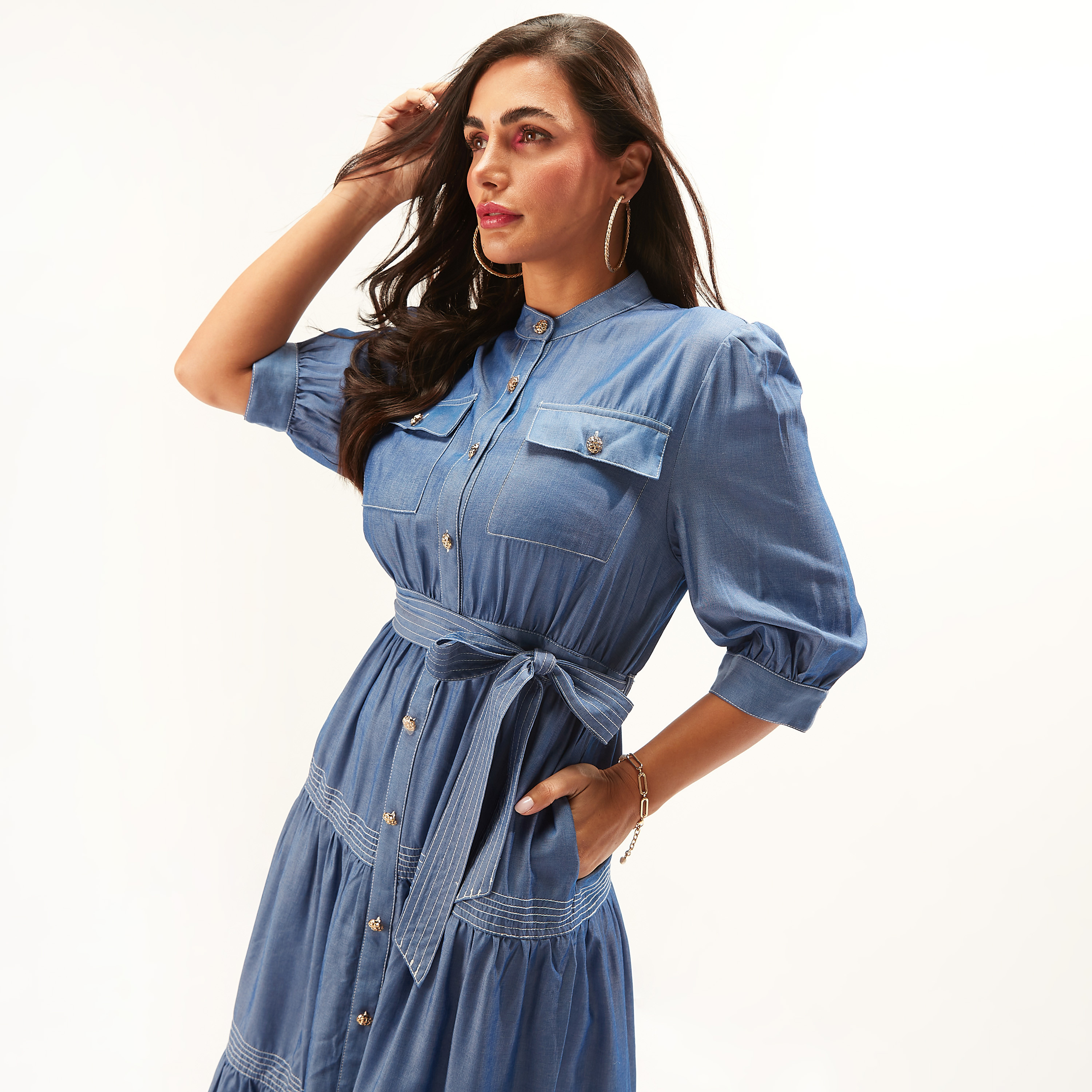 فستان ميدي سادة متعدد الطبقات بحزام وجيوب من آيكونيك-women-clothing-dresses-image-2