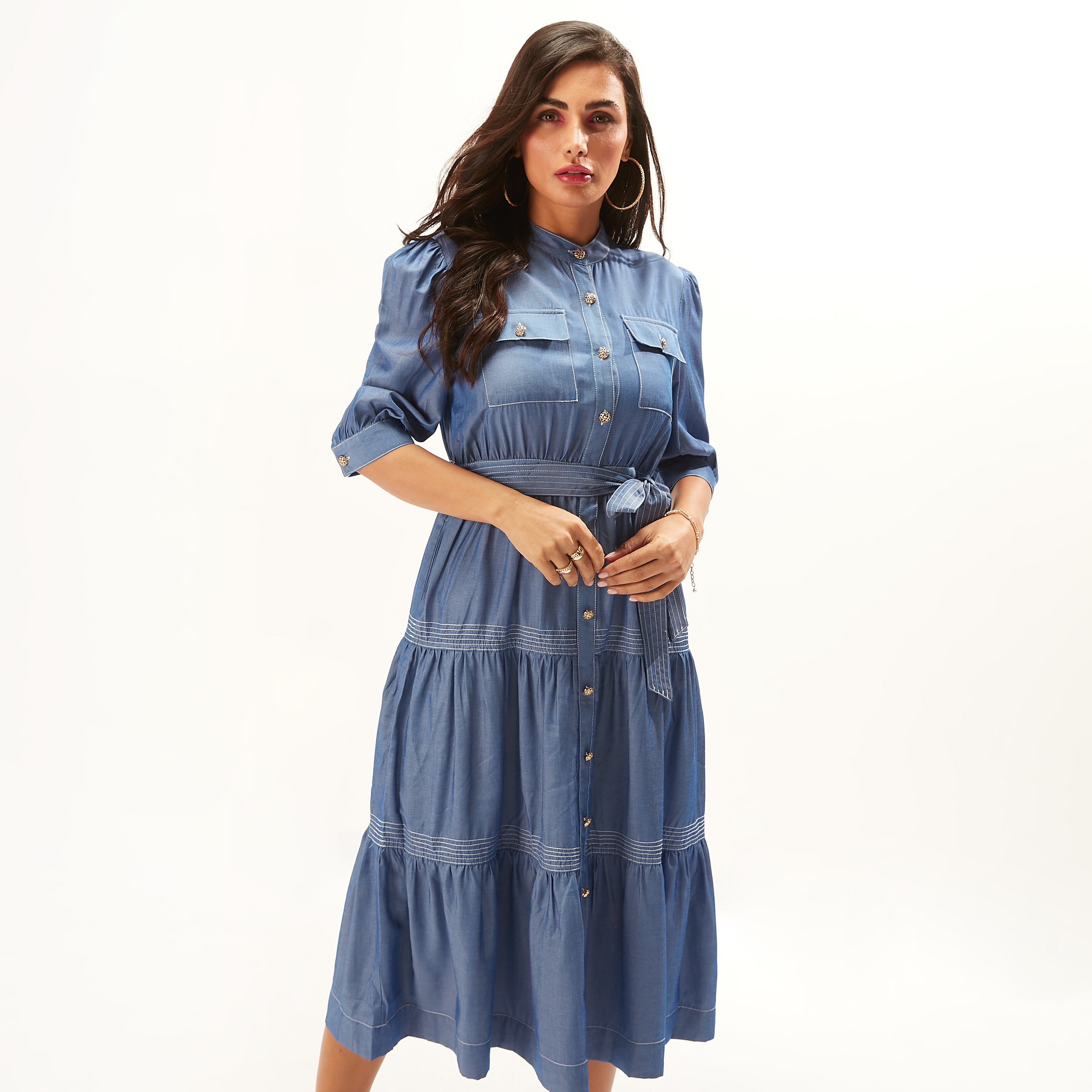 فستان ميدي سادة متعدد الطبقات بحزام وجيوب من آيكونيك-women-clothing-dresses-image-3