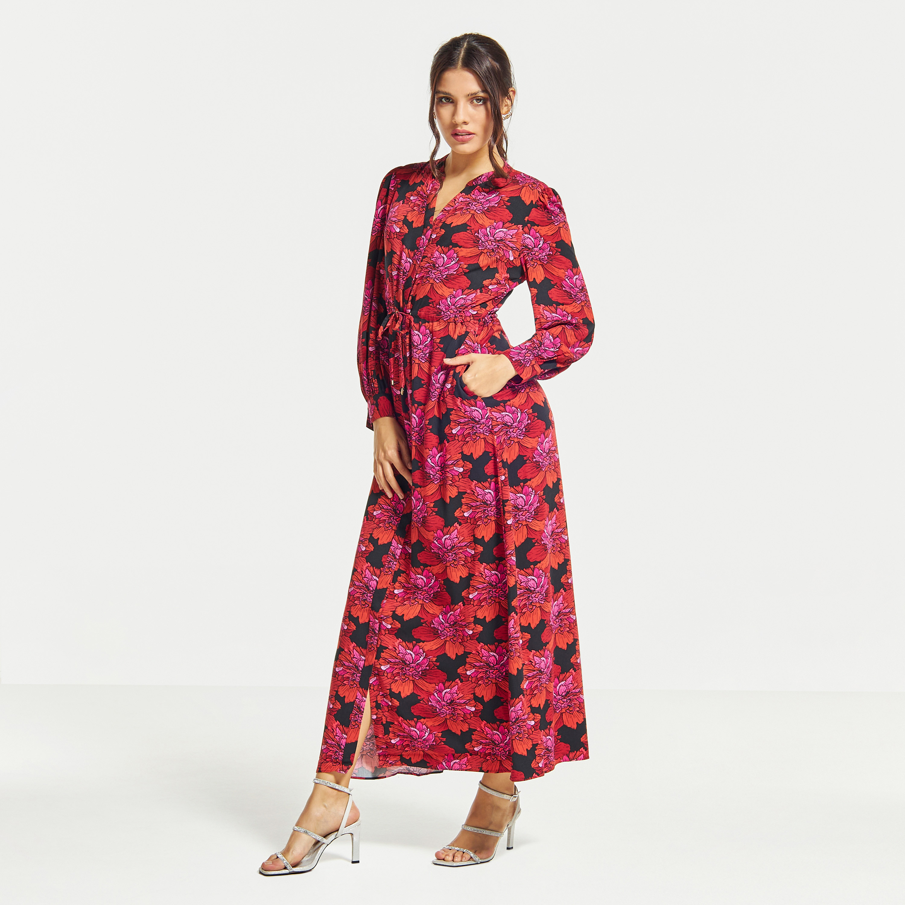 Floral print maxi 2024 dress with pockets