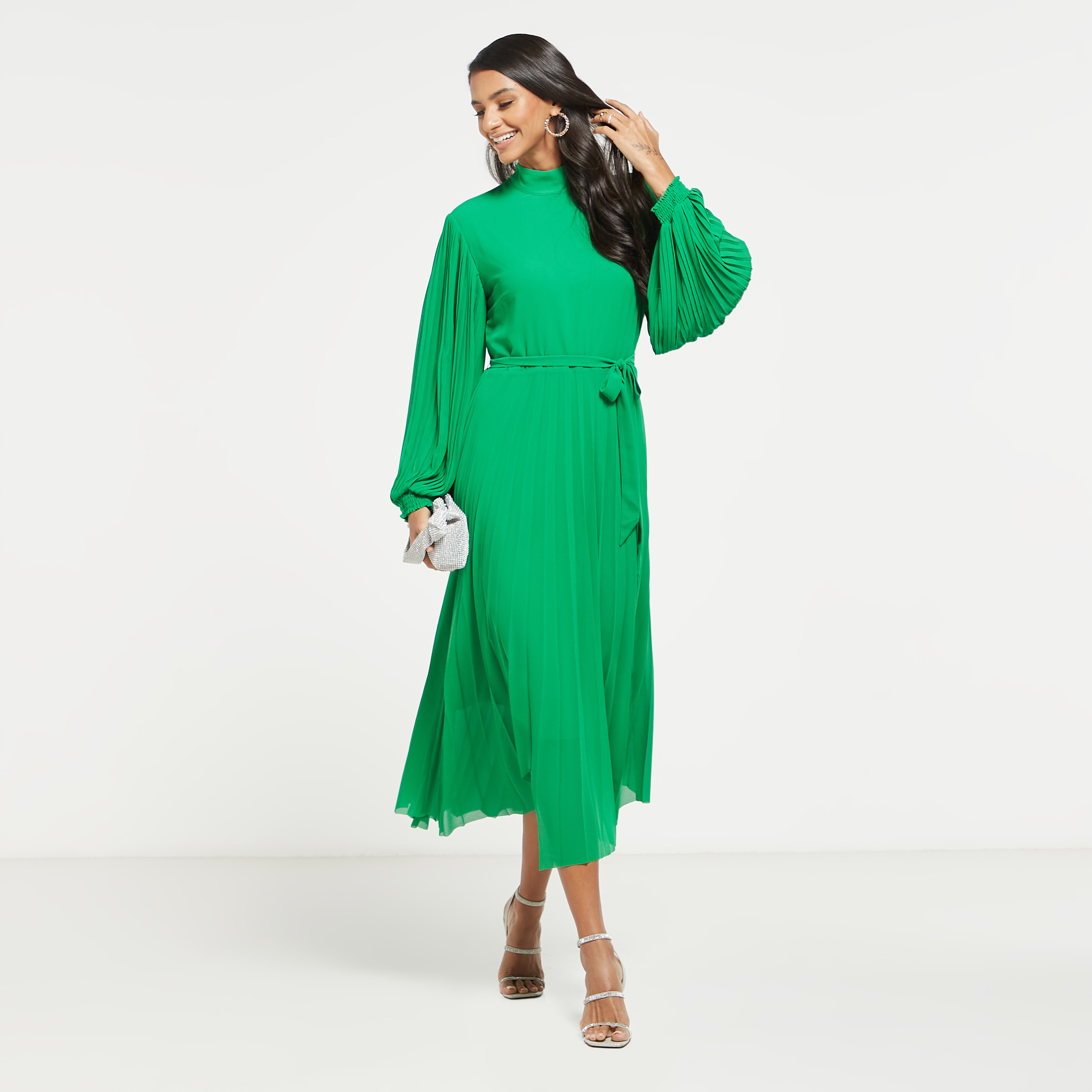 Pleated high outlet neck midi dress