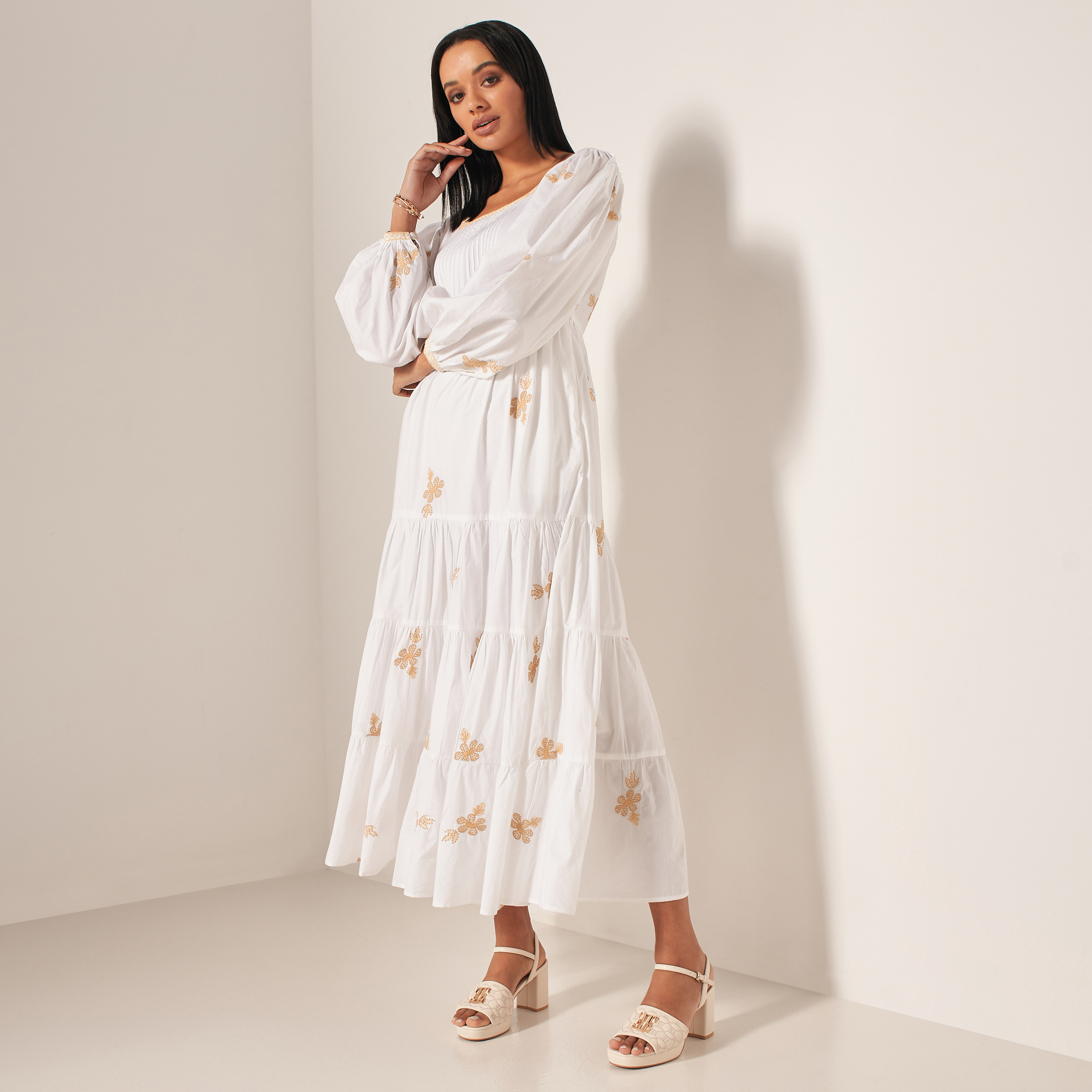 Shop Iconic Floral Embroidered Maxi Tiered Dress with Pleats