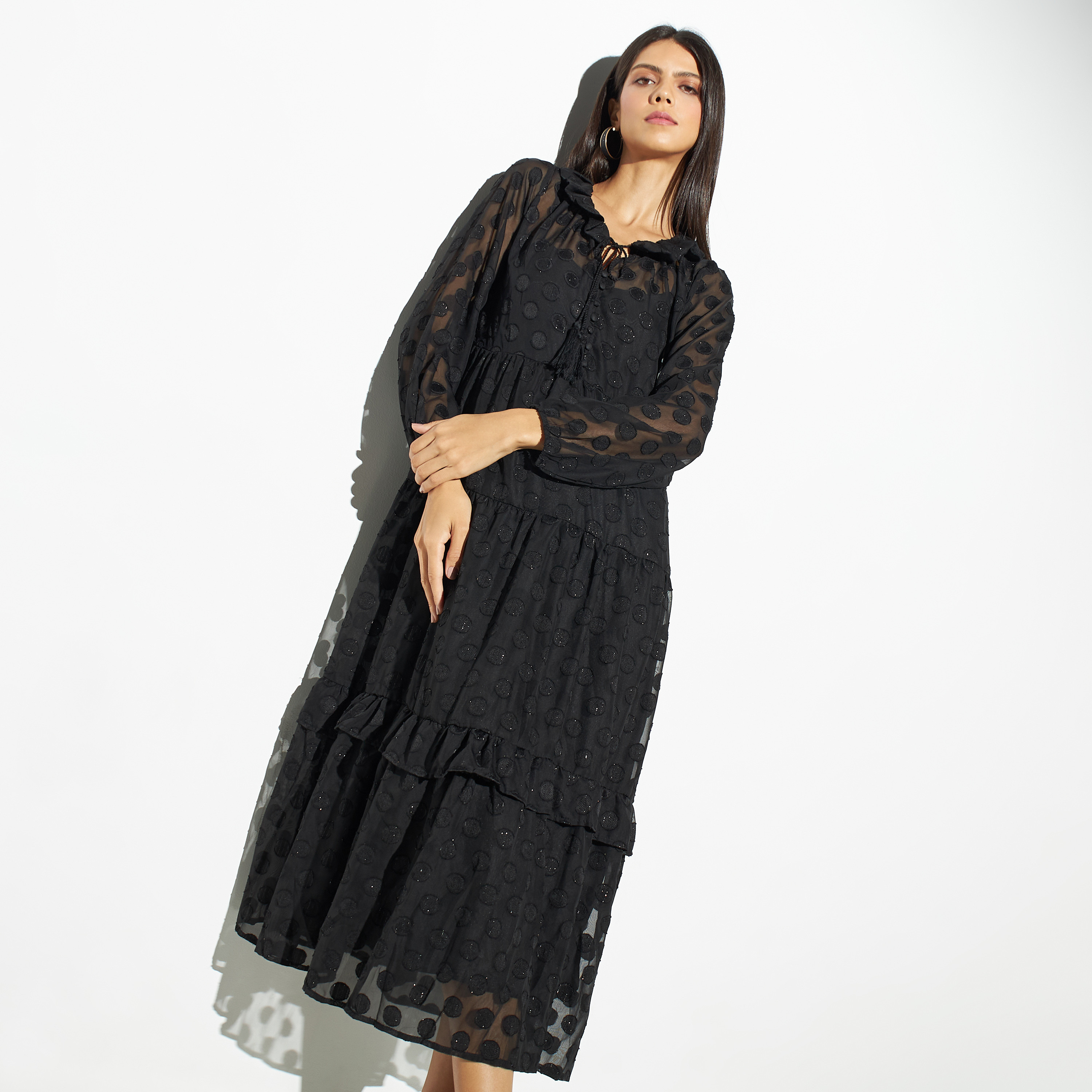 Iconic Textured Tiered Dress with Tie-Ups and Long Sleeves-women-clothing-dresses-image-1