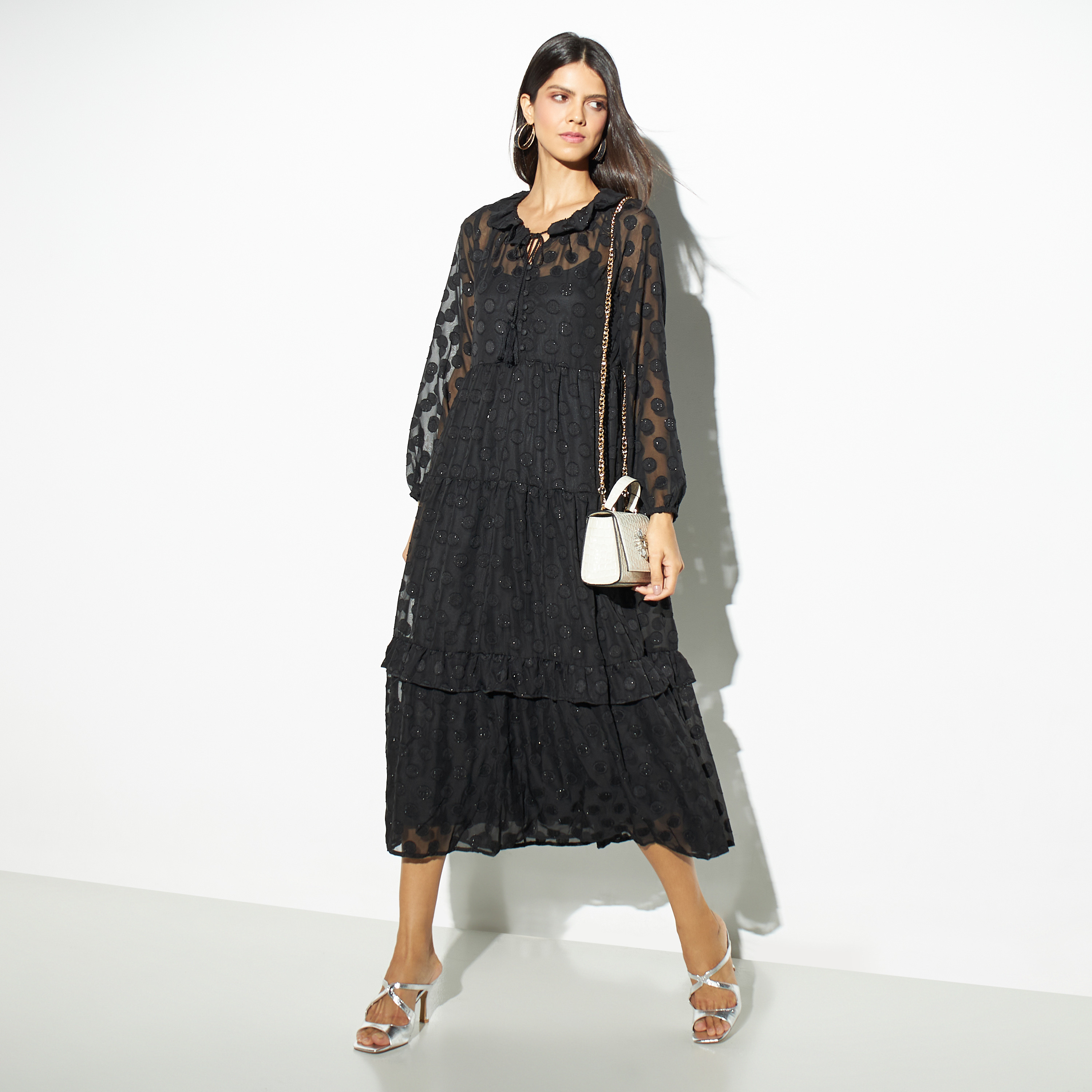 Iconic Textured Tiered Dress with Tie-Ups and Long Sleeves-women-clothing-dresses-image-2