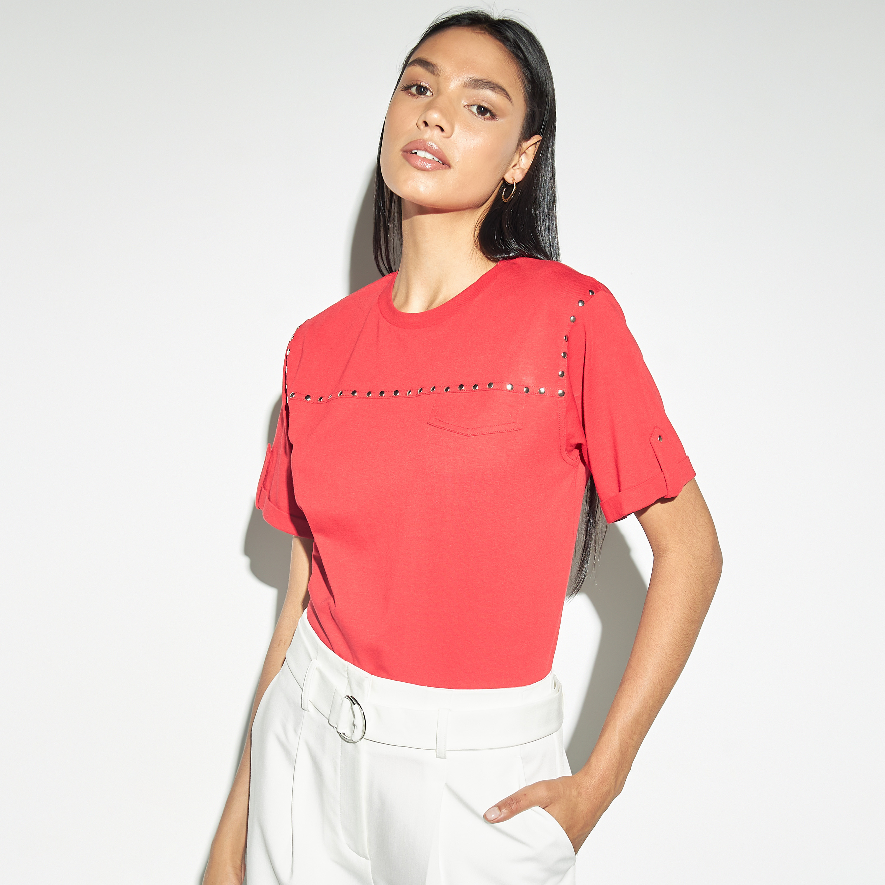 Iconic Stud Embellished Crew Neck T-shirt with Short Sleeves-women-clothing-tshirts-image-1