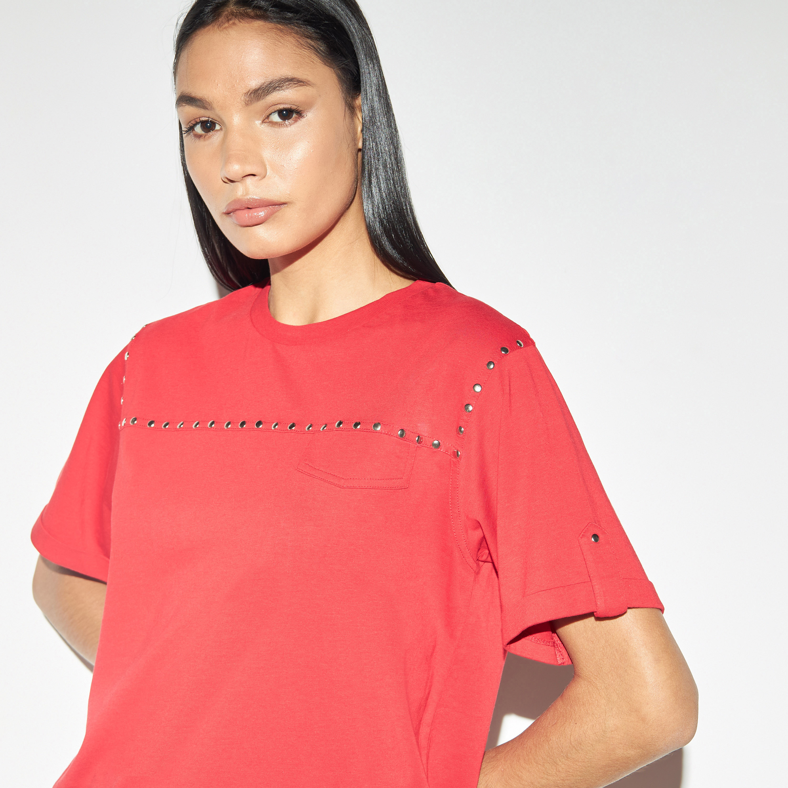 Iconic Stud Embellished Crew Neck T-shirt with Short Sleeves-women-clothing-tshirts-image-4