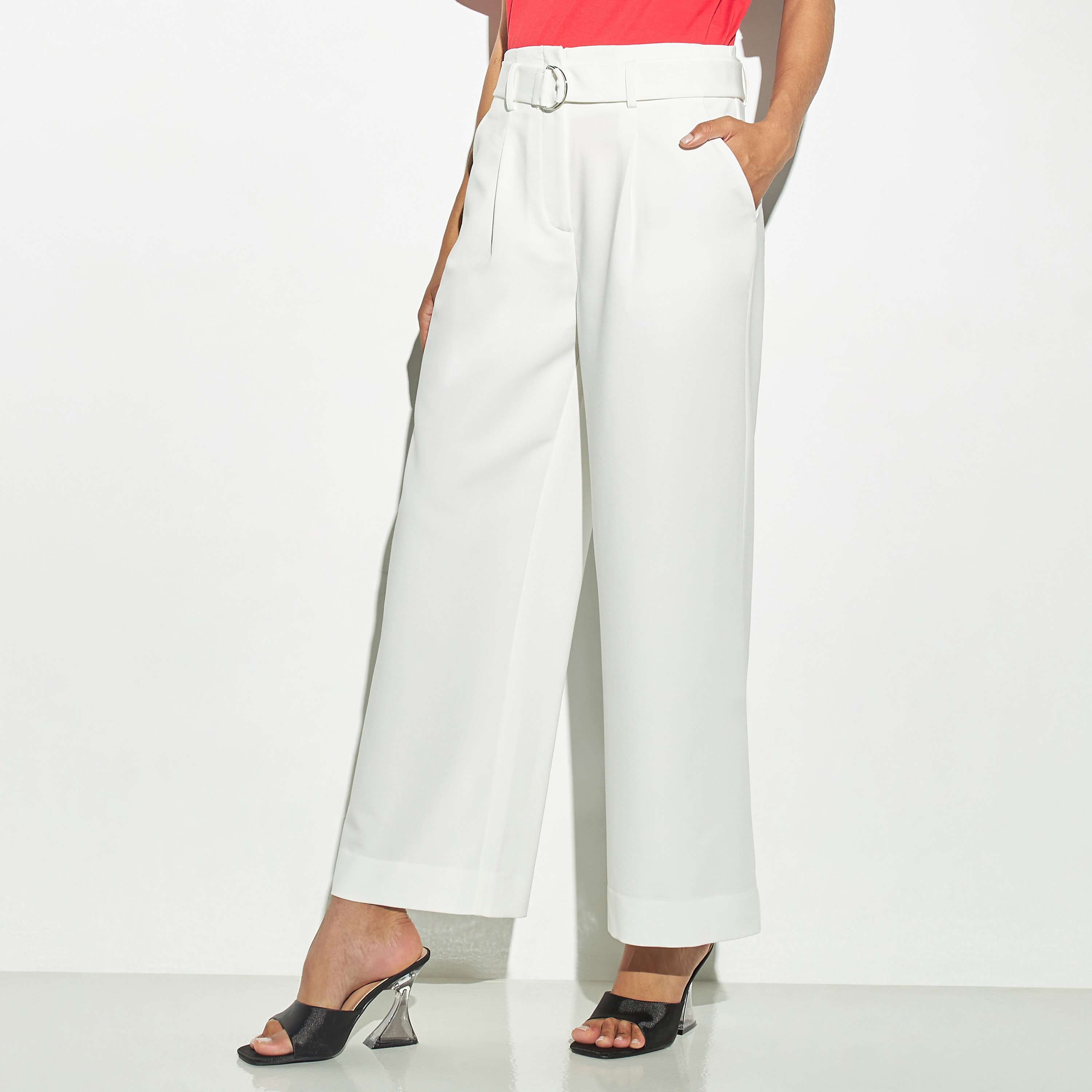 Belted Wide Leg Pants With Pockets In White | Adrianna Papell