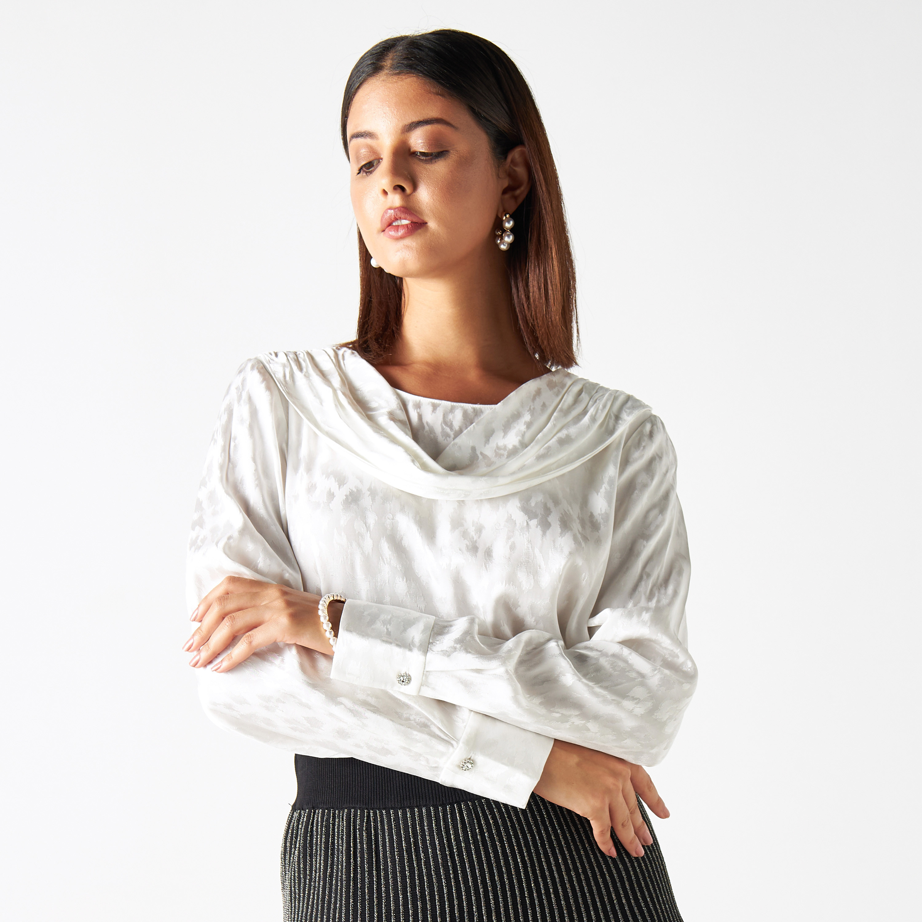 Iconic Textured Top with Drape Detail and Long Sleeves-women-clothing-shirtsandblouses-blouses-image-1
