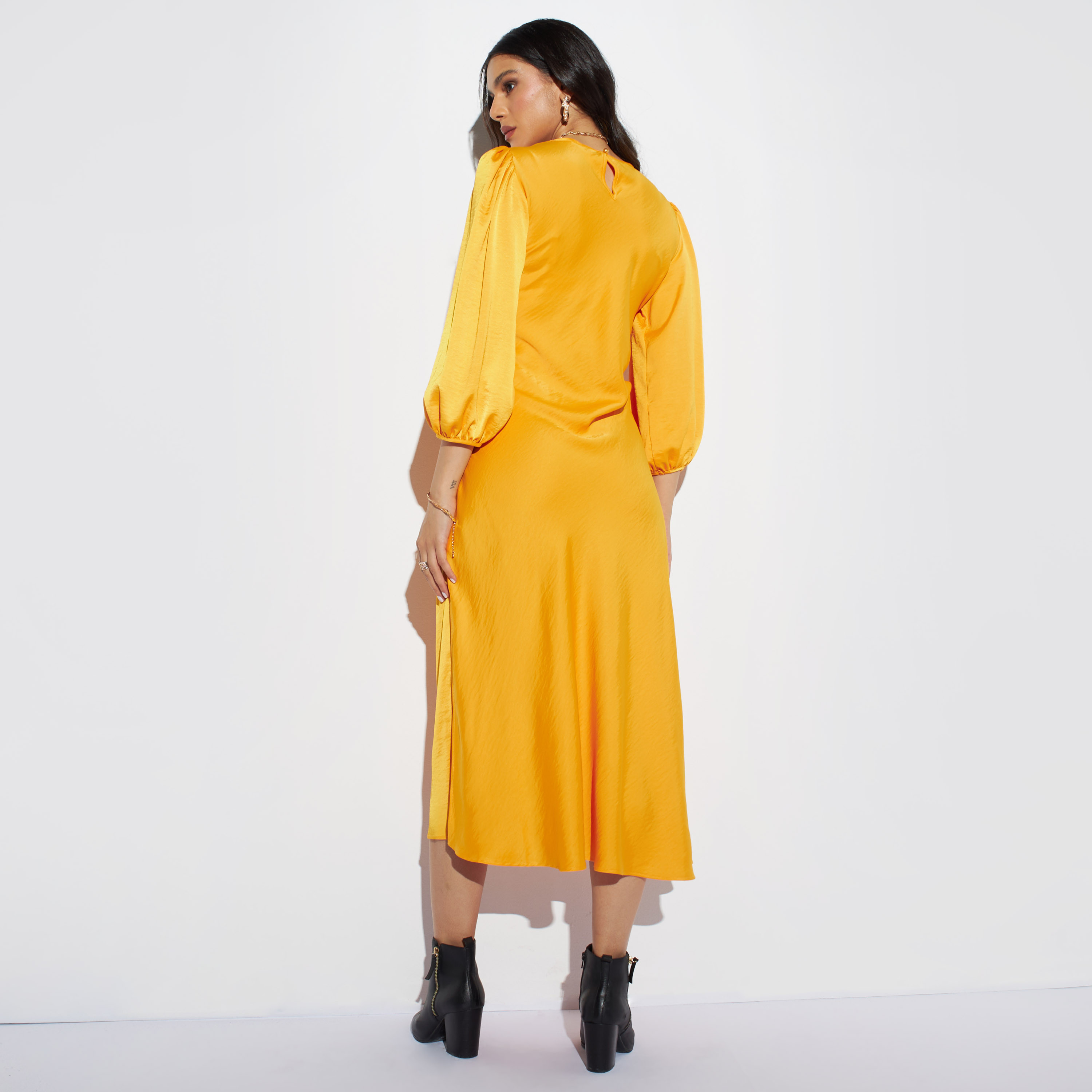 Iconic Solid Midi A-line Dress with Cutout Detail and Volume Sleeves-women-clothing-dresses-image-3
